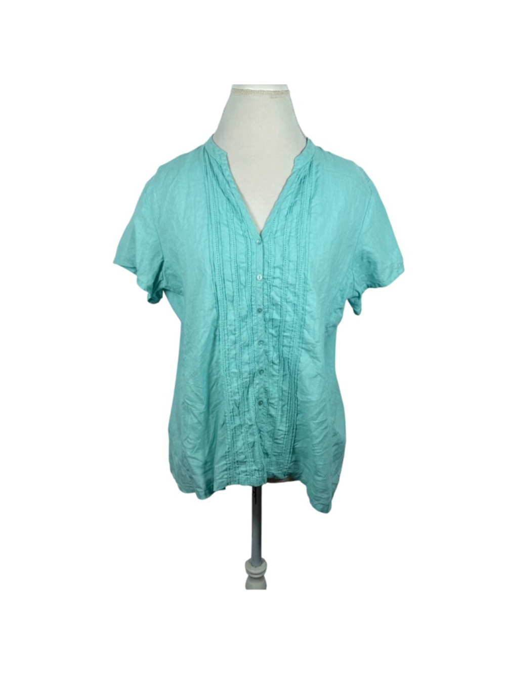 Eileen Fisher System Irish Linen Top Turquoise Pin Tuck Blouse Relaxed Size L - Picture 2 of 10